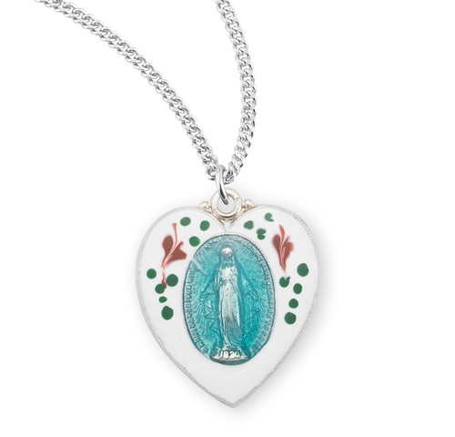 Sterling Silver Flower Enameled Heart Shaped Miraculous Medal | 2