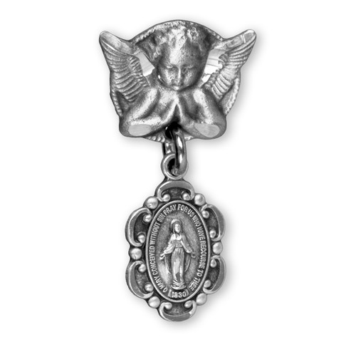 Sterling Silver Oval Fancy Edge Miraculous Baby Medal on an Angel Pin