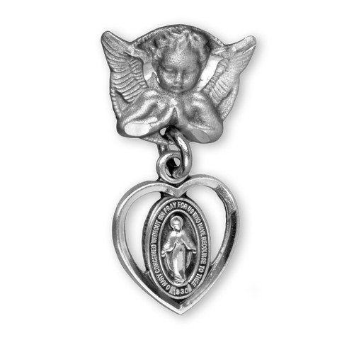 Sterling Silver Pierced Heart Baby Miraculous Medal on an Angel Pin