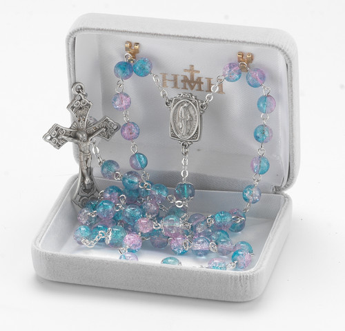 Aqua and Pink Crackle Glass Bead New England Pewter Rosary