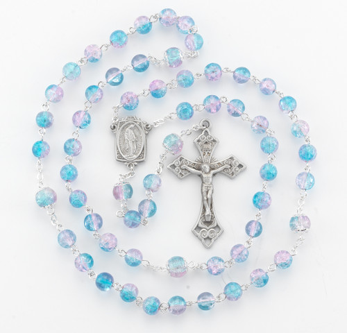 Aqua and Pink Crackle Glass Bead New England Pewter Rosary