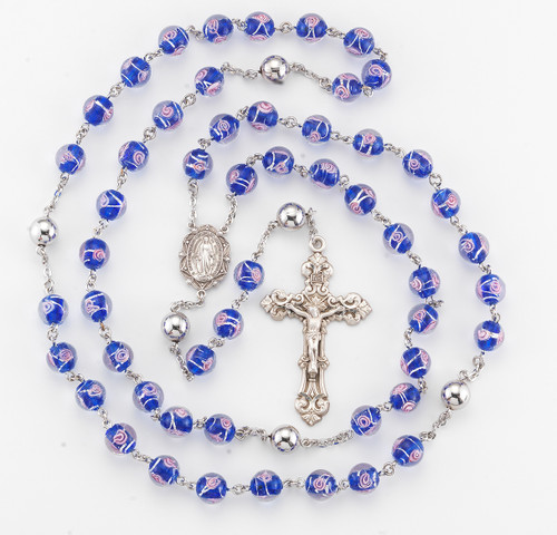 Blue Venetian Glass Beads with Pink Flowers Rosary
