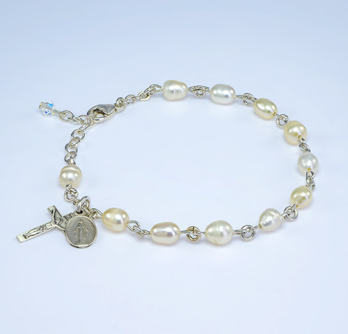 Genuine Freshwater White Pearl Sterling Silver Rosary Bracelet