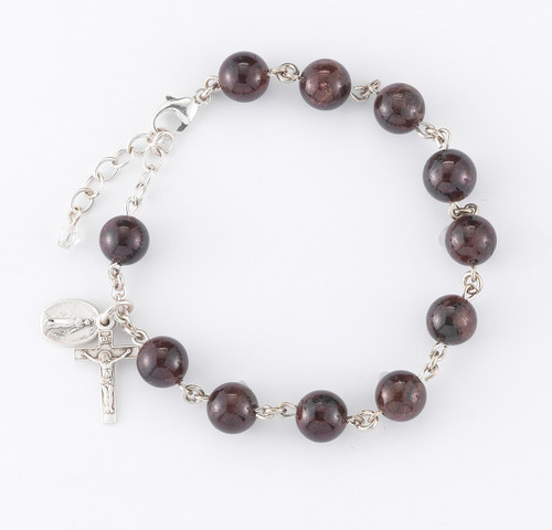 Genuine Garnet Round Sterling Silver Rosary Bracelet