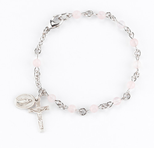 Genuine Round Rose Quartz Sterling Silver Rosary Bracelet