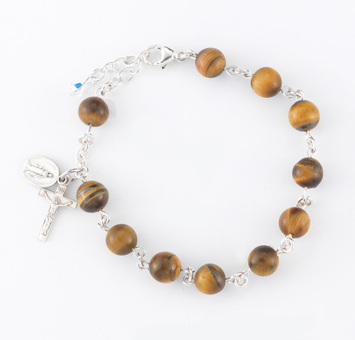 Genuine Tiger Eye Round Sterling Silver Rosary Bracelet | 8mm Beads