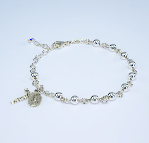 High Polished Round Sterling Silver Rosary Bracelet | 5mm Beads