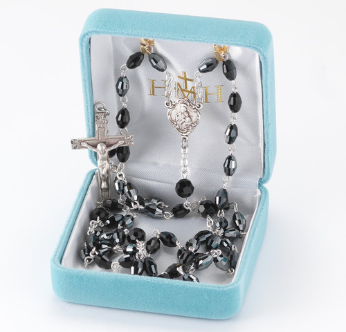Jet Black Oval Swarovski Crystal Sterling Silver Rosary