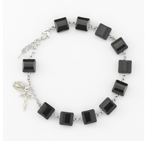 Jet Multi-Faceted Square Swarovski Crystal Rosary Bracelet