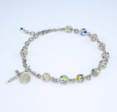 Rose Embedded Round Murano Glass Sterling Silver Rosary Bracelet | Sterling Silver Chain