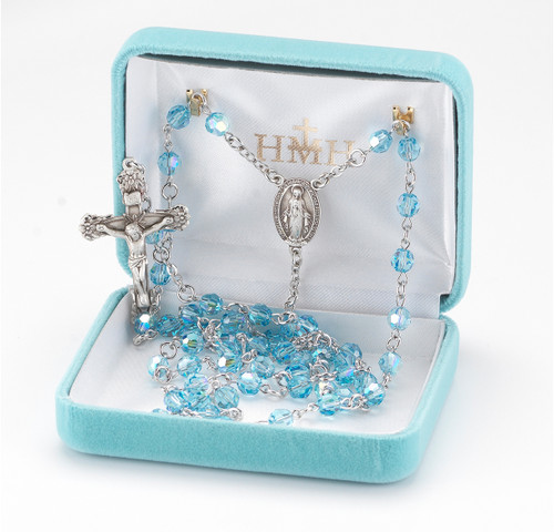 Round Aqua Swarovski Crystal Sterling Silver Rosary