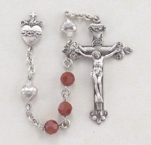 Round Coral Red Swarovski Crystal Sterling Silver Rosary