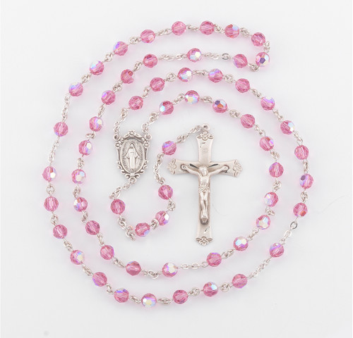 Round Pink Swarovski Crystal Sterling Silver Rosary