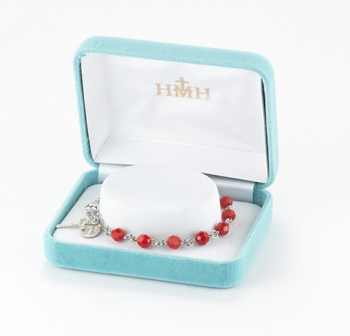 Swarovski Crystal Coral Round Shaped Sterling Silver Rosary Bracelet