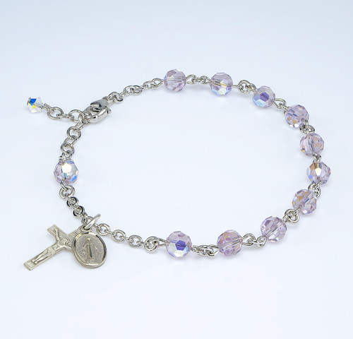 Swarovski Crystal Light Amethyst Round Shaped Sterling Silver Rosary Bracelet