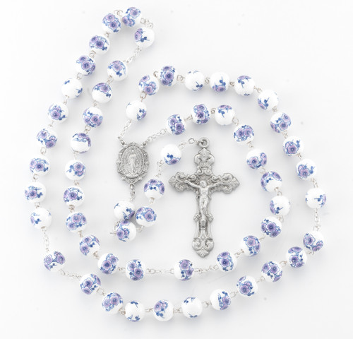 White and Violet Glass Flower Bead New England Pewter Rosary