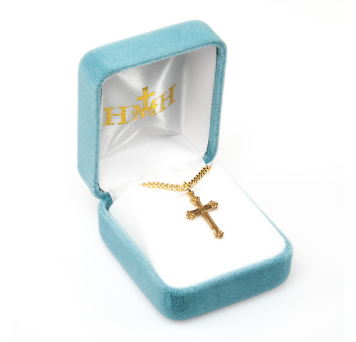 Engraved Budded Medium Gold Over Sterling Silver Cross | 18" Curb Chain