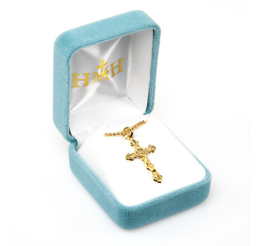 Gold Over Sterling Silver Fancy Filigree Crucifix | Medium | 18" Gold Plated Chain