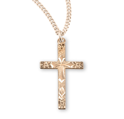 Gold Over Sterling Silver Flower Tipped Ornate Cross | 18" Chain