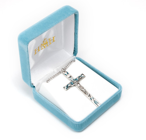 High Polished Blue Enameled Sterling Silver Crucifix | 24" Endless Curb Chain