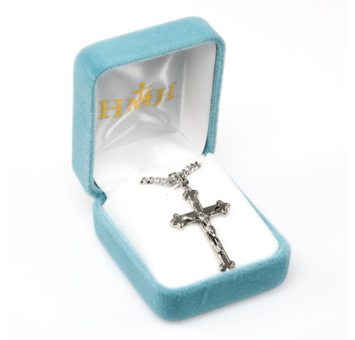 High Polished Budded Sterling Silver Crucifix | 24" Endless Curb Chain