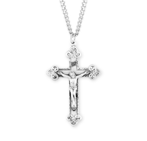 Scrolled Leaf Design Sterling Silver Crucifix | 24" Endless Curb Chain