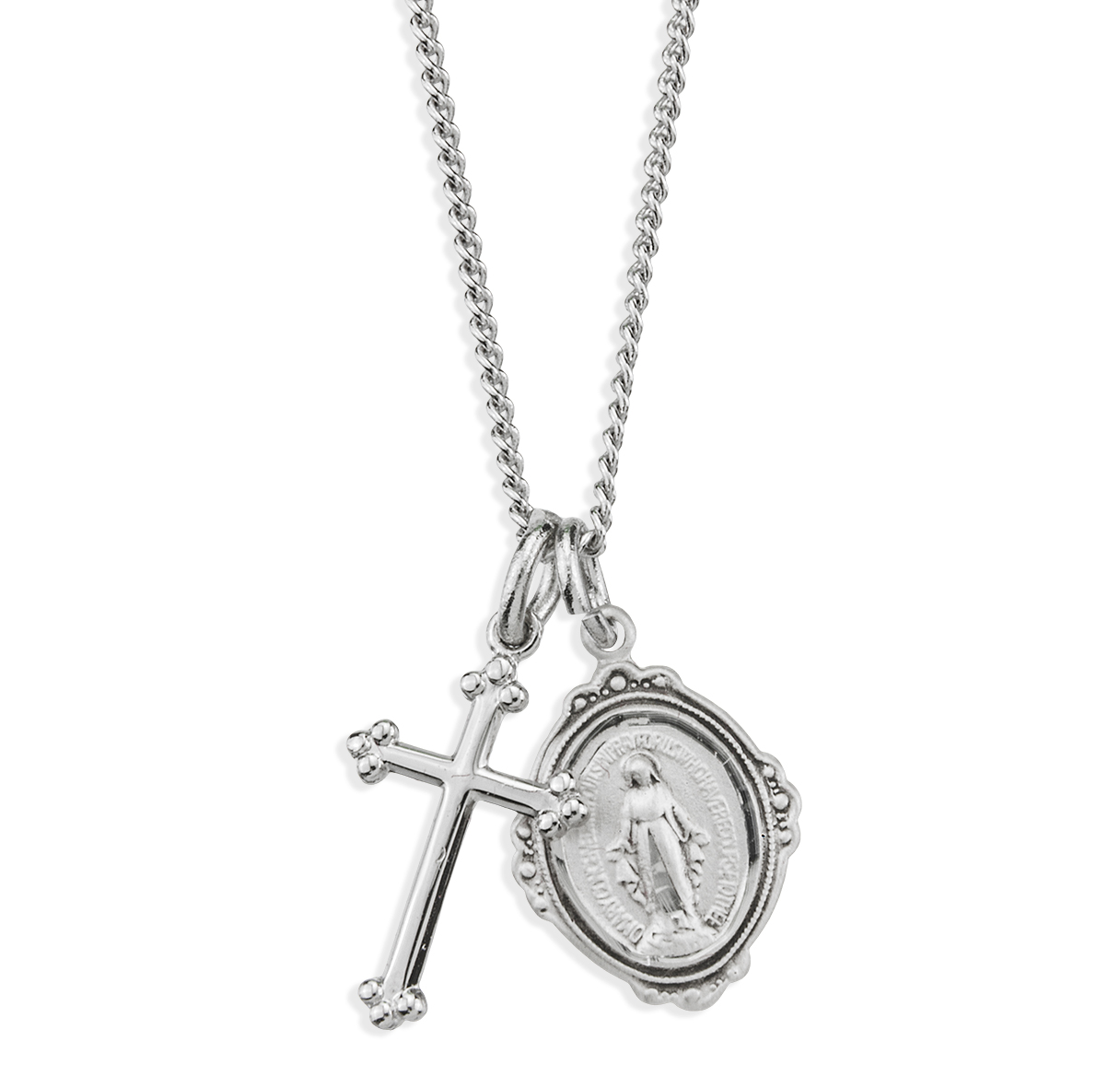 Sterling Silver Miraculous Medal and Small Cross Holy Land Art