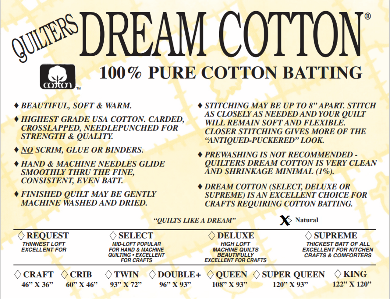 Quilters Dream Batting - Dream Cotton Request - Throw - Natural