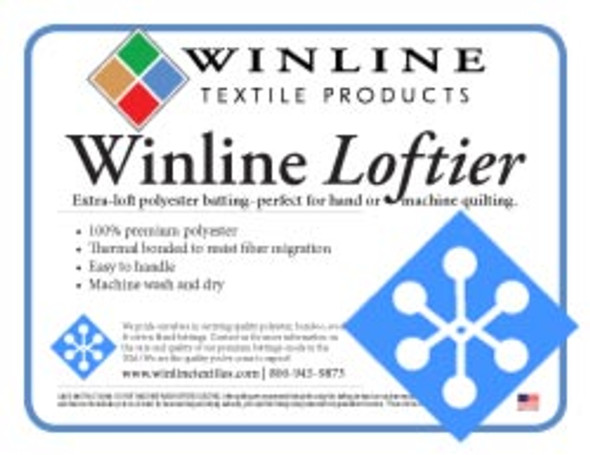 Winline Loftier, Extra-loft polyester batting–perfect for hand or machine quilting.

100% premium polyester
Thermal bonded to resist fiber migration
Easy to handle
Machine wash and dry
Comes in 3 different ounces and lofts
Made in the USA