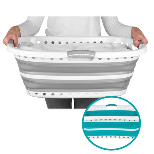Collapsible Hip Hugger Laundry Basket, Turquoise/Grey