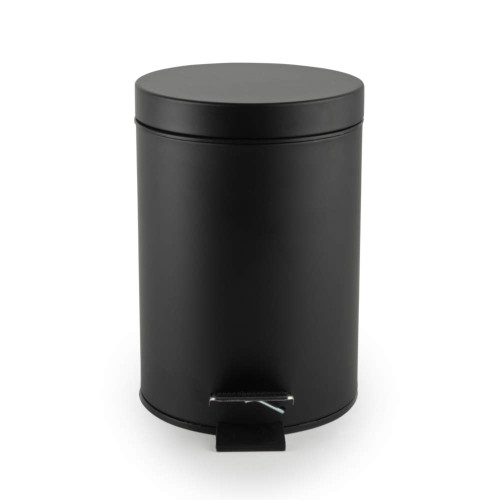 Black pedal bin, round metal, shown closed, front view