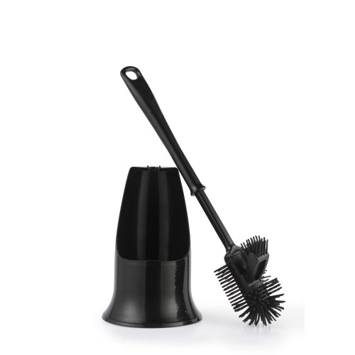 Black toilet brush and holder set with angled cleaning head