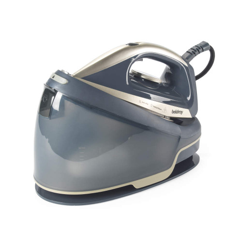 Gold and dark grey steam generator iron with large water tank, side view