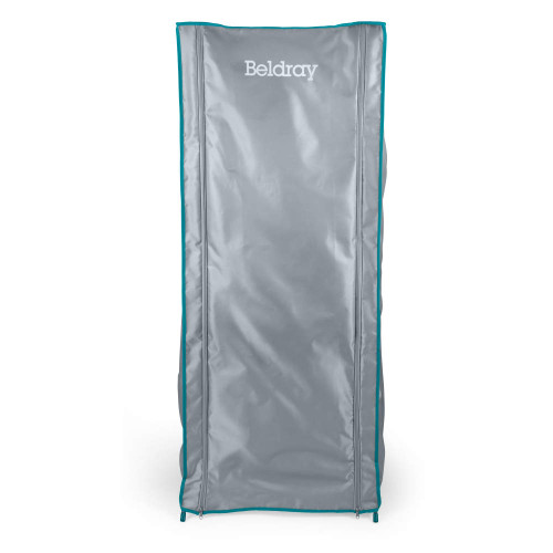 Beldray portable clothes dryer with zipped grey cover and blue trim, front view
