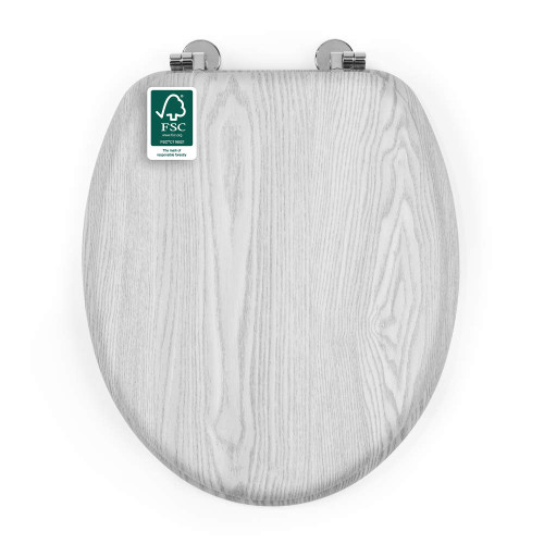 Grey wood effect toilet seat, FSC-certified label visible, shown closed from above
