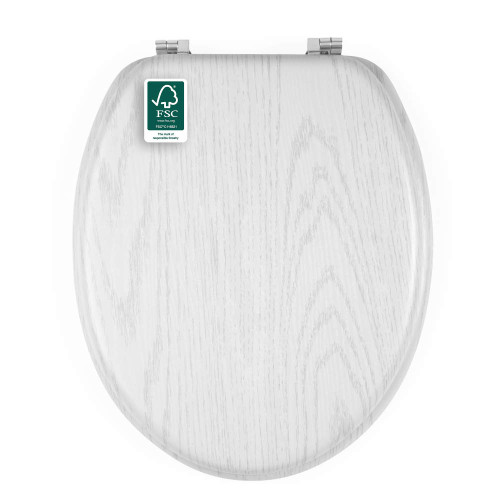 White wood effect toilet seat with FSC eco label, closed, shown from above