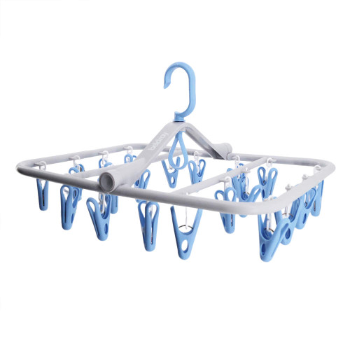 Rectangular blue and grey clothes hanger with multiple pegs for drying small items