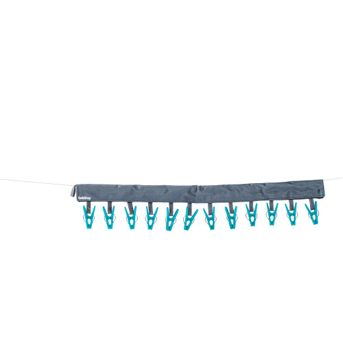 Grey hanging laundry peg organiser with 10 blue clips