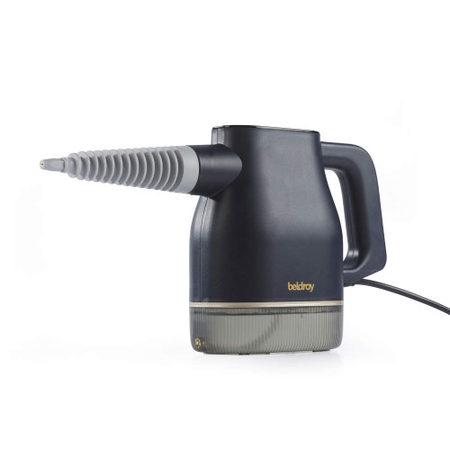 Navy handheld steam cleaner with ribbed grey nozzle, side view.