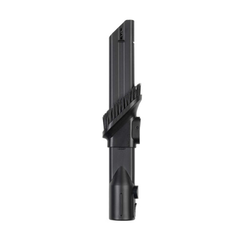 Vacuum cleaner crevice tool with brush attachment, black plastic, shown upright