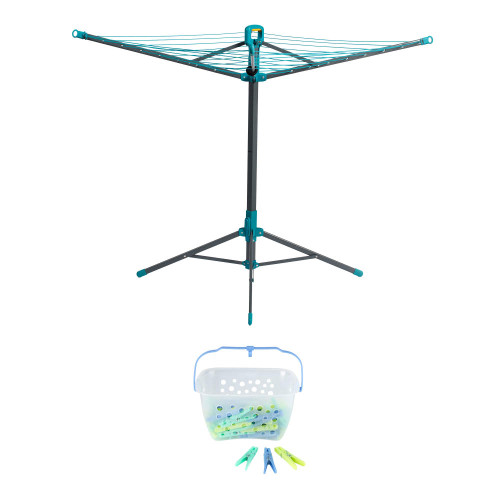 Rotary washing line with pegs and plastic basket, shown on white background