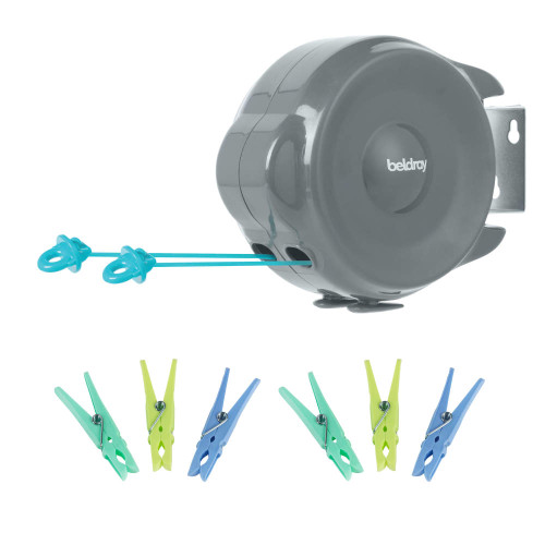 Retractable washing line with wall mount and 8 colourful pegs, shown in grey, blue, and green.