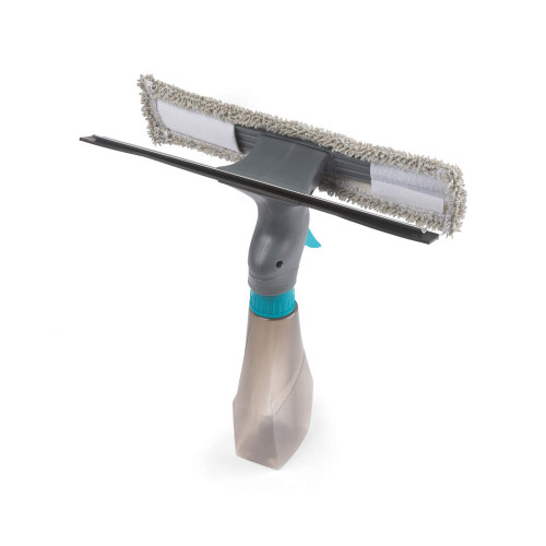Window cleaning spray bottle with built-in microfibre pad and squeegee