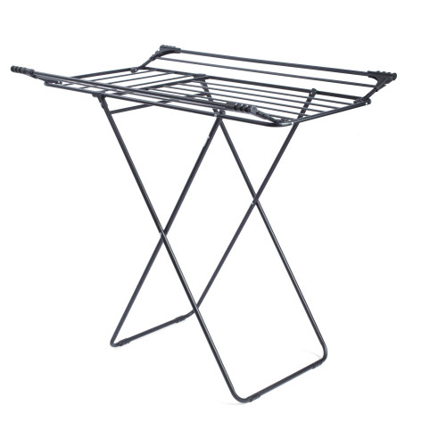 Black folding clothes drying rack, lightweight, shown open on white background