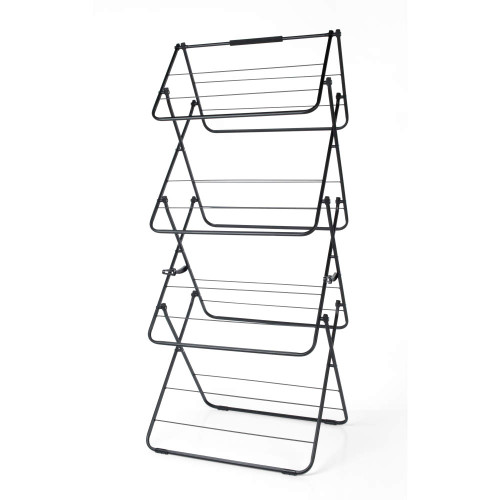 Black folding clothes airer with three tiers, shown open on white background