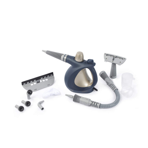 Handheld steam cleaner with navy and gold body, shown with multiple attachments