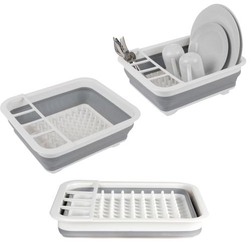 Collapsible Dish Drainer with Cutlery Divider & Space Saving Design, Grey