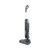 Cordless black upright vacuum cleaner, shown standing on white background.