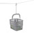 Grey plastic peg basket with handle, hanging from a washing line