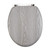 Grey wood effect oval toilet seat with chrome hinges, top-down view
